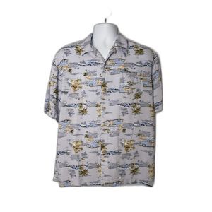 GEORGE Blue Hawaiian Palm Tree Old Car Woody Short Sleeve Shirt Mens Size Large